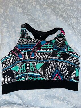 Xersion Geometric High-Neck Sports Bra - Black/Teal/Pink 3X NWT